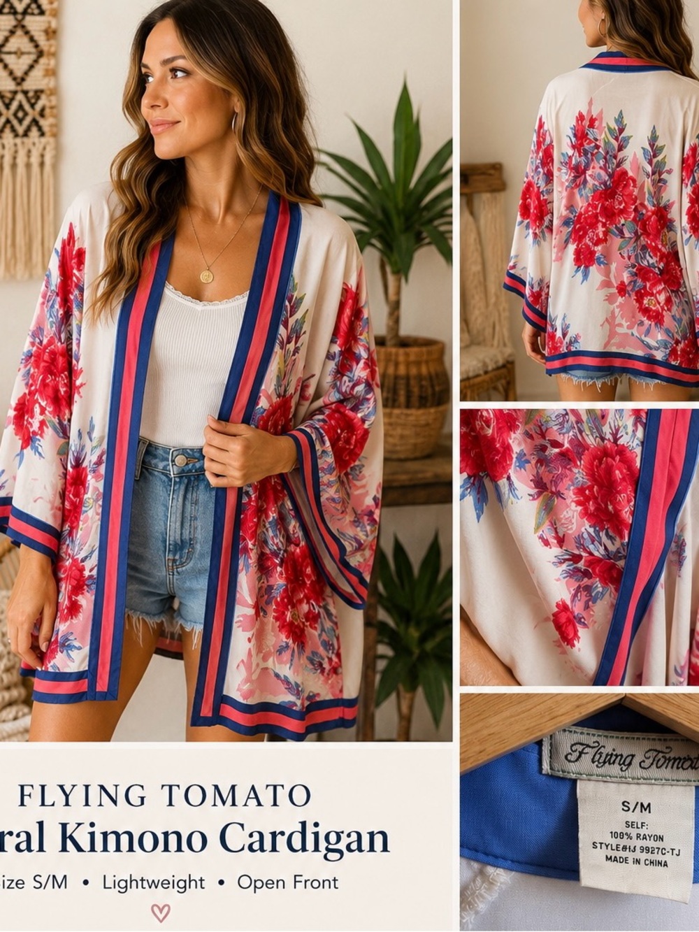 Flying Tomato Cream Kimono Cardigan with Red & Blue Floral Accents